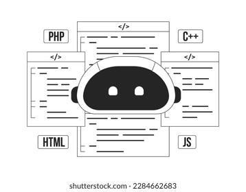 AI-assisted coding black and white concept vector spot illustration. Editable 2D flat monochrome cartoon scene for web design. Programming line art idea for website, mobile. Bebas Neue font used