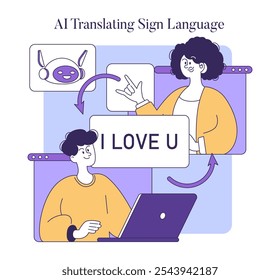 Conceito de comunicação assistida por IA. Ilustração mostrando a tecnologia de IA traduzindo a linguagem de sinais em texto para ajudar as pessoas com deficiência. Ilustração vetorial.