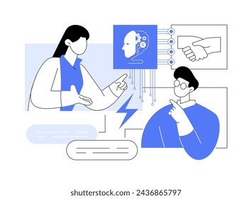 Ilustración vectorial de concepto abstracto de resolución de conflictos asistida por IA. Recursos Humanos. Identificar conflictos laborales basados en el análisis de datos de comunicación. Tecnología AI. metáfora abstracta.