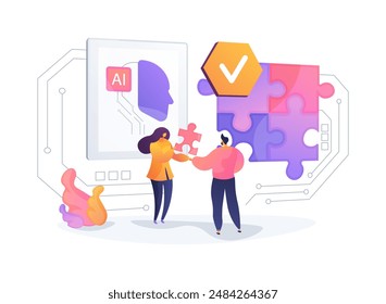 ILUSTRACIÓN VECTORIAL abstracta del concepto de resolución de conflictos asistida por IA. Recursos Humanos. Identificar conflictos laborales basados en el análisis de datos de comunicación. TECNOLOGÍA de IA. metáfora abstracta.