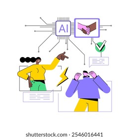 ILUSTRACIÓN VECTORIAL abstracta del concepto de resolución de conflictos asistida por IA. Recursos Humanos. Identificar los conflictos laborales a partir del análisis de los datos de comunicación. AI Tecnología. metáfora abstracta.