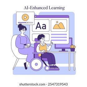 conceito de Educação Assistida por IA. Uma mulher em cadeira de rodas se envolve com ferramentas de aprendizagem de IA, refletindo o impacto da tecnologia na acessibilidade e na educação. Sala de aula digital inclusiva. Ilustração vetorial.