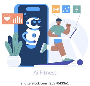 AI-assisted fitness concept. An enthusiastic hobbyist runs on a treadmill guided by a friendly robot trainer with health monitoring icons. Vector illustration.