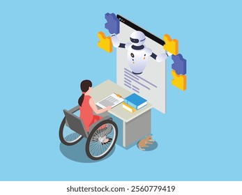 AI-Assisted Learning for Accessibility: Woman in Wheelchair Interacting with Robot Interface 3d isometric vector illustration