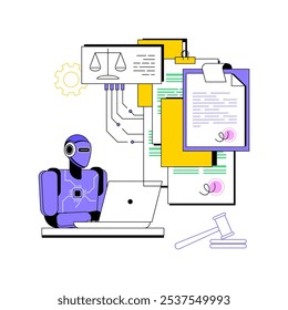 ILUSTRACIÓN VECTORIAL de concepto abstracto de optimización de procesos legales asistida por IA. Servicios legales. Flujo de trabajo, colaboración, gestión del conocimiento en prácticas legales. AI Tecnología. metáfora abstracta.