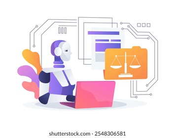 ILUSTRACIÓN VECTORIAL de concepto abstracto de optimización de procesos legales asistida por IA. Servicios legales. Flujo de trabajo, colaboración, gestión del conocimiento en prácticas legales. AI Tecnología. metáfora abstracta.