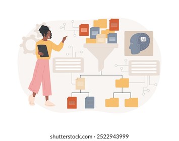 AI-Automated Data Preprocessing abstraktes Konzept, Vektorgrafik. Datenanalyse. Automatisierung von Datenbereinigungs-, Transformations- und Normalisierungsaufgaben mit KI-Technologie. abstrakte Metapher.