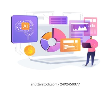 ILUSTRACIÓN VECTORIAL de concepto abstracto de contabilidad automatizada respaldada por IA. Finanzas y Contabilidad. Automatizar la entrada y categorización de datos, tareas de contadores. TECNOLOGÍA de IA. metáfora abstracta.