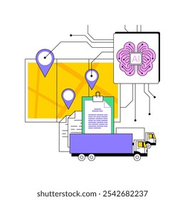 Veículos autônomos apoiados por IA conceito abstrato ilustração vetorial. Transporte e Logística. Veículos autodirigíveis com percepção e tomada de decisões em matéria de IA. Tecnologia AI. metáfora abstrata.