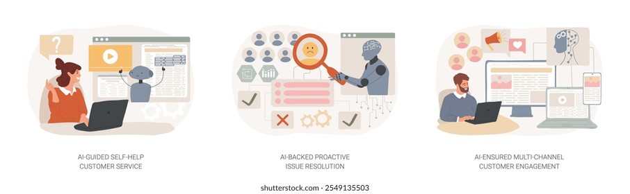 Conjunto de Ilustración vectorial de concepto abstracto de Servicio al cliente respaldado por IA. SERVICIO AL CLIENTE de autoayuda guiado por IA, resolución proactiva de problemas respaldada por IA, metáfora abstracta de participación de Clientes multicanal.