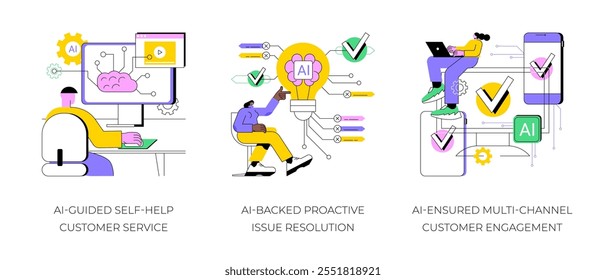 Conjunto de Ilustración vectorial de concepto abstracto de Servicio al cliente respaldado por IA. SERVICIO AL CLIENTE de autoayuda guiado por IA, resolución proactiva de problemas respaldada por IA, metáfora abstracta de participación de Clientes multicanal.