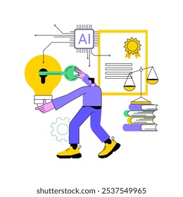 Ilustração de vetor de conceito abstrato de proteção da propriedade intelectual apoiada por IA. Serviços jurídicos. Monitoramento de IA e detecção de violações de direitos intelectuais. Tecnologia AI. metáfora abstrata.