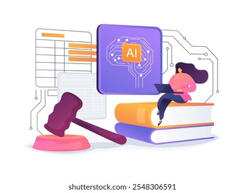 ILUSTRACIÓN VECTORIAL de concepto abstracto de investigación legal respaldada por IA. Servicios legales. Analizar y resumir la jurisprudencia y los estatutos. Información legal. AI Tecnología. metáfora abstracta.