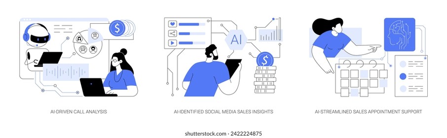 AI-Backed sales strategies abstract concept vector illustration set. AI-Driven Call Analysis, AI-Identified Social Media Sales Insights, AI-Streamlined Sales Appointment Support abstract metaphor.