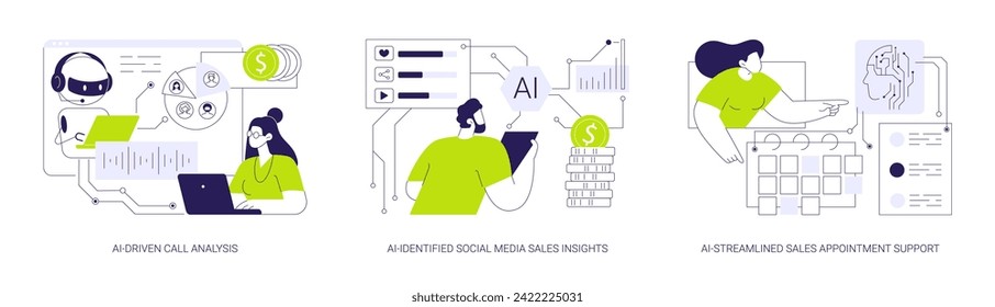 AI-Backed sales strategies abstract concept vector illustration set. AI-Driven Call Analysis, AI-Identified Social Media Sales Insights, AI-Streamlined Sales Appointment Support abstract metaphor.