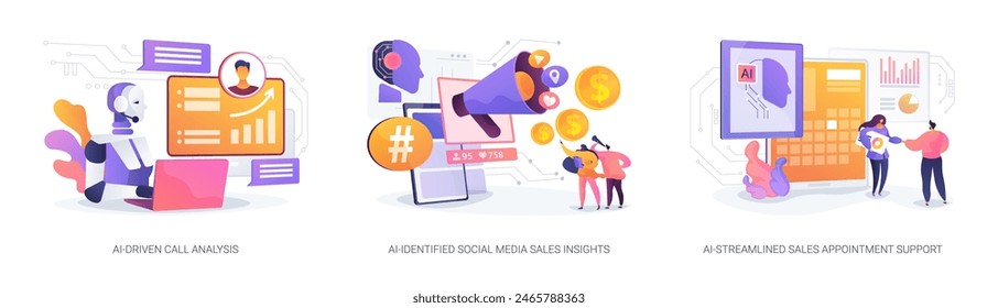 AI-Backed sales strategies abstract concept vector illustration set. AI-Driven Call Analysis, AI-Identified Social Media Sales Insights, AI-Streamlined Sales Appointment Support abstract metaphor.