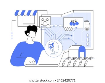 ILUSTRACIÓN VECTORIAL abstracta del concepto de gestión de la cadena de suministro respaldada por IA. Agricultura. Herramientas de IA para el seguimiento y optimización de la distribución. Ajuste el Plan de producción. TECNOLOGÍA de IA. metáfora abstracta.