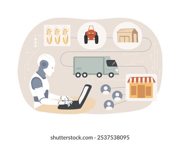 AI-Backed Supply Chain Management conceito abstrato vetor ilustração. Agricultura. Ferramentas de IA para rastrear e otimizar a distribuição. Ajuste o plano de produção. Tecnologia AI. metáfora abstrata.