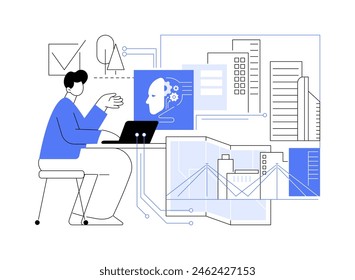 ILUSTRACIÓN VECTORIAL de concepto abstracto de planificación Urbana respaldada por IA. Arquitectura y Diseño. Urbanista trabajando con análisis y simulación de datos, desarrollo urbano sostenible. metáfora abstracta.