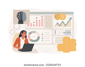ILUSTRACIÓN VECTORIAL del concepto abstracto de gestión de patrimonios y asesoramiento respaldado por IA. Finanzas y Contabilidad. Asesoramiento financiero personalizado y gestión de activos. AI Tecnología. metáfora abstracta.