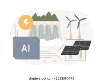 ILUSTRACIÓN VECTORIAL abstracta del concepto de previsión de energía renovable basada en IA. Energía. Integración de fuentes de energía renovables, previsión de la producción de energía con la Tecnología de IA.