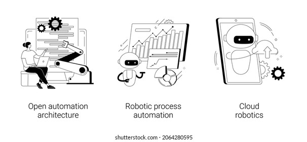 AI-based software abstract concept vector illustration set. Open automation architecture, robotic process automation, cloud artificial intelligence, remote machine learning abstract metaphor.