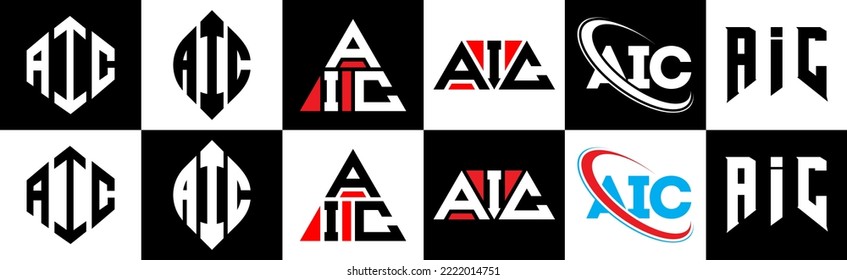 AIC letter logo design in six style. AIC polygon, circle, triangle, hexagon, flat and simple style with black and white color variation letter logo set in one artboard. AIC minimalist and classic logo