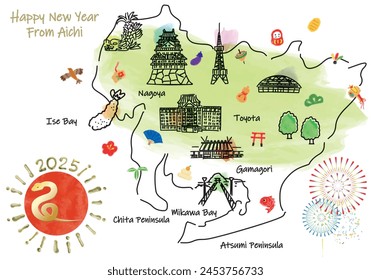 AICHI Japan travel map with landmarks and symbols. Hand drawn vector illustration.