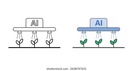 AI-controlled irrigation system icon representing smart agriculture, available in both outline and color styles.