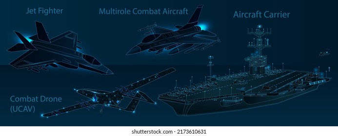 Aicraft Carrier, Multirole Fighter Jet, Bomber Plane And Combat Drone UCAV On Battlefield. War Set For Your Mock-up. Wireframe Planes And Ship In Futuristic Style For Military Template.