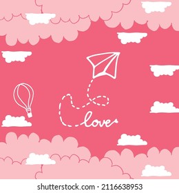 aicraft origami with love writing, cloud and hot air balloon illustration on pink background. hand drawn vector. doodle art for wallpaper, postcard, poster, greeting card, banner. love background. 