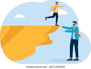 Aid and assistance, business support or help and guidance in difficult crises, giants standing on the edge of a cliff helping small businessmen on the edge of a cliff

