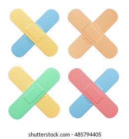 Aid Band Plaster Strip Medical Patch Color Cross Set. Four plasters crosses sides pink, blue, green and yellow collection. Vector illustration