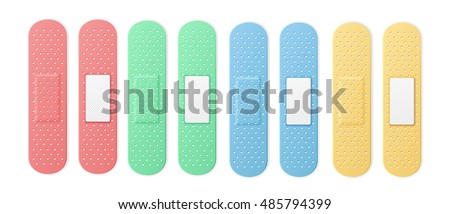 Aid Band Plaster Strip Medical Patch Set Color. Four plasters two sides pink, blue, green and yellow collection. Vector illustration Сток-фото © 