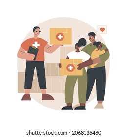 Aid to disadvantaged groups abstract concept vector illustration. Humanitarian aid, material assistance, government volunteer help, vulnerable people, basic necessities, shelter abstract metaphor.