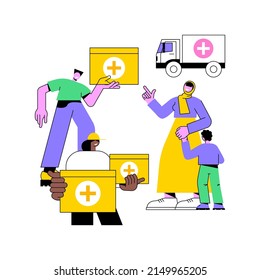 Aid to disadvantaged groups abstract concept vector illustration. Humanitarian aid, material assistance, government volunteer help, vulnerable people, basic necessities, shelter abstract metaphor.