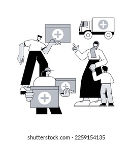 Aid to disadvantaged groups abstract concept vector illustration. Humanitarian aid, material assistance, government volunteer help, vulnerable people, basic necessities, shelter abstract metaphor.