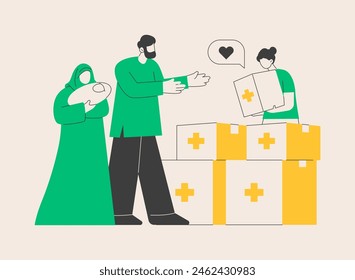 Aid to disadvantaged groups abstract concept vector illustration. Humanitarian aid, material assistance, government volunteer help, vulnerable people, basic necessities, shelter abstract metaphor.