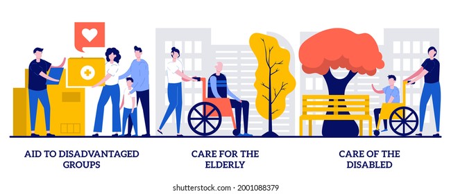 Aid to disadvantaged groups, care for elderly, help for disabled concept with tiny people. Non profit, voluntary services abstract vector illustration set. Social support for people in need metaphor.
