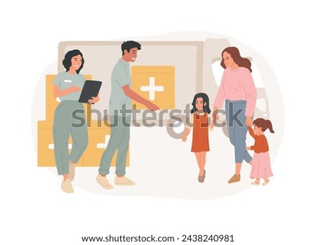 Aid to disadvantaged groups isolated concept vector illustration. Humanitarian aid, material assistance, government volunteer help, vulnerable people, basic necessities, shelter vector concept.