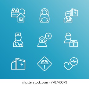 Aid family icon line set with accident, pregnant woman and medical center. Set of bandage arm related aid family icon line vector items for web mobile logo design.