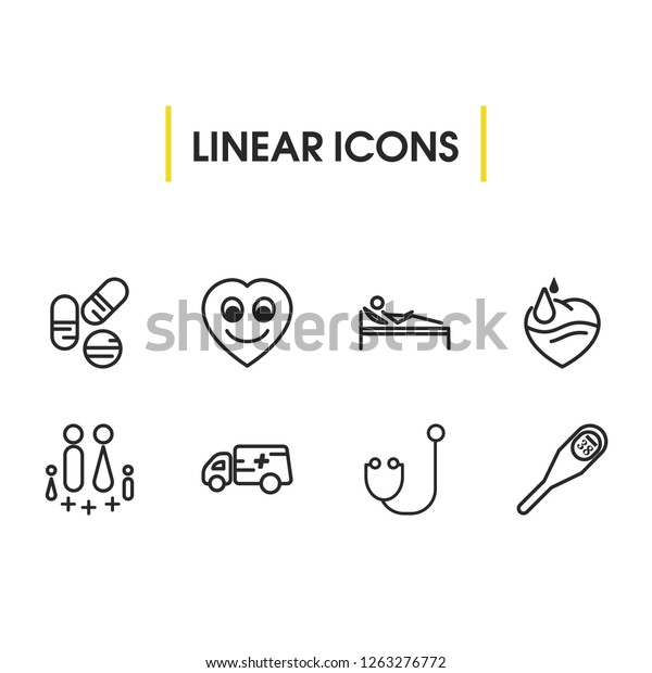 Aid family icons set
with love, breath flu and cardiogram elements. Set of aid family
icons and first aid car concept. Editable vector elements for logo
app UI design.