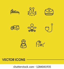 Aid family icons set with medical clinic, medical care and ambulance elements. Set of aid family icons and doctor bag concept. Editable vector elements for logo app UI design.