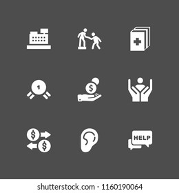 aid icon. 9 aid set with humanitarian, red cross, hear and money vector icons for web and mobile app