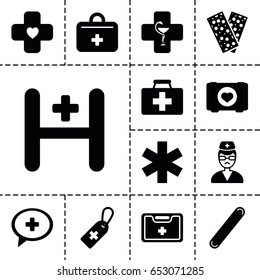 Aid icon. set of 13 filled aidicons such as case with heart, first aid kit, medical cross tag, medical sign, bandage, hospital, doctor