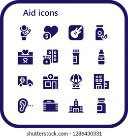  aid icon set. 16 filled aid icons. Simple modern icons about  - Doctor, Charity, Garage band, Medicine, Donation, Ambulance, Pharmacy, Humanitarian, Hospital, Listening, Gauze