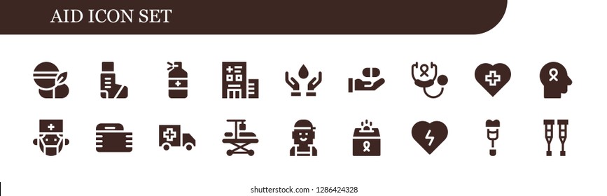  aid icon set. 18 filled aid icons. Simple modern icons about  - Medicine, Inhaler, Hospital, Blood donation, Stethoscope, Red cross, Hope, Surgeon, Gauze, Ambulance, Hospitalization