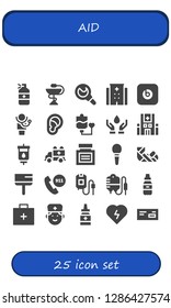  aid icon set. 25 filled aid icons. Simple modern icons about  - Medicine, Pharmacy, Enema, Hospital, Beats pill, Doctor, Ear, Blood transfusion, Blood donation, Ambulance, Plastered arm