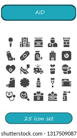 aid icon set. 25 filled aid icons.  Collection Of - Enema, Hospital, Medicine, Veterinarian, Inhaler, Plaster, Beats pill, Blood donation, Ambulance, Effervescent, Inhalator, Clinic