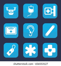 Aid icon. set of 9 filled aid icons such as medical cross, medical cross tag, drop counter, bandage